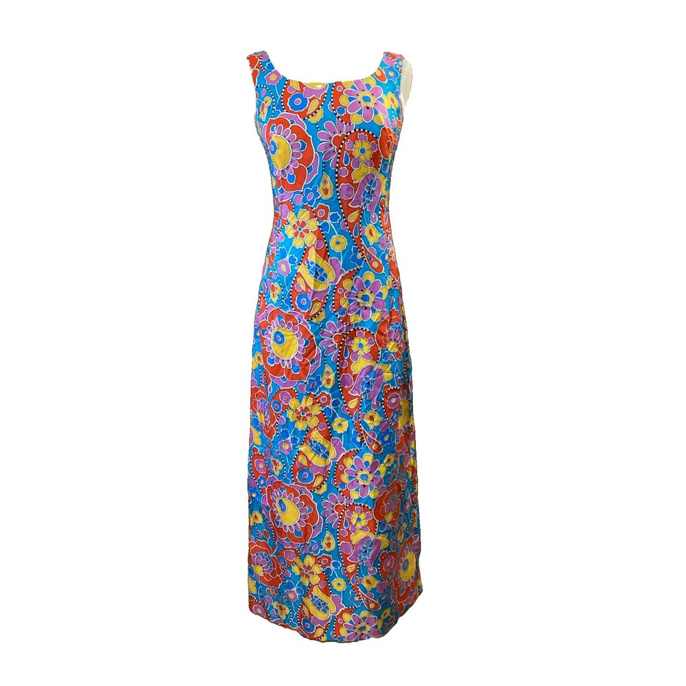 Montaldo's Vtg 60s Maxi Dress Sz 8 Multicolored Floral Low Back Psychedelic